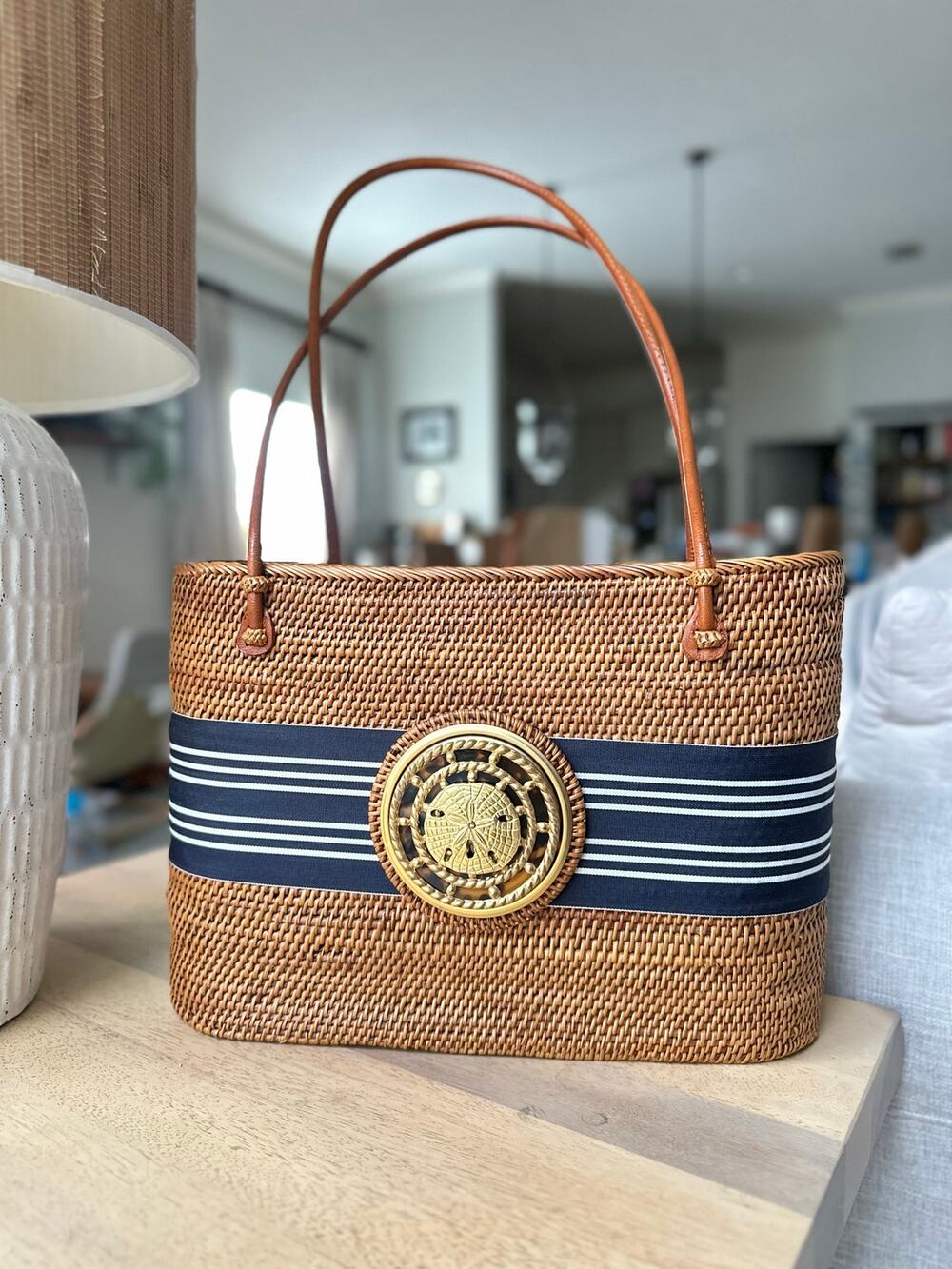Authentic Bosom Buddy Bags by Lisi Lerch Tote – Nautical Navy & Gold Sand Dollar